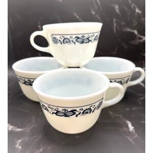 Vintage Pyrex Corning Milk Glass Coffee Cups Old Town Blue Onion Floral Set (4)